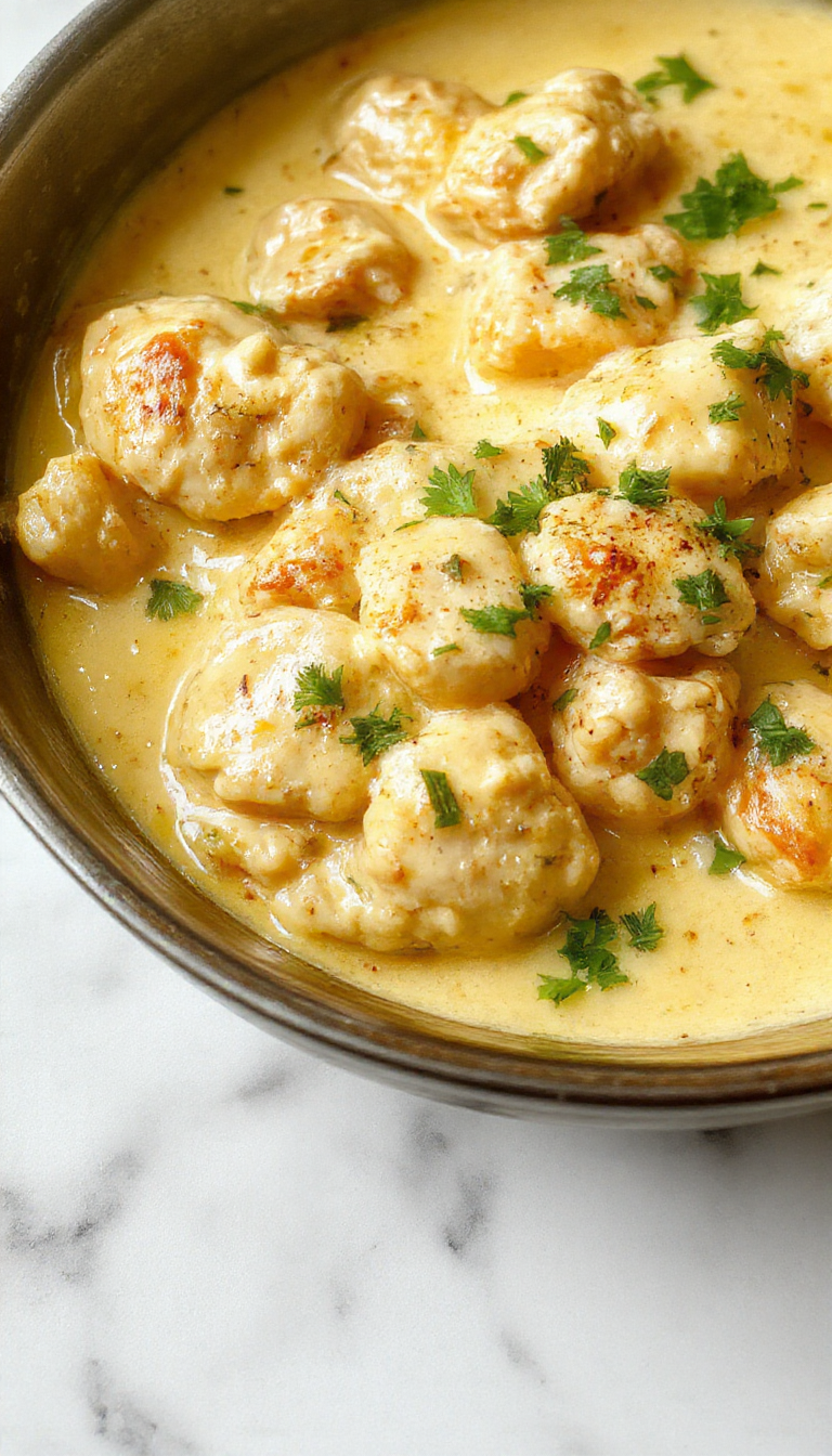 A vibrant skillet features tender golden-brown chicken pieces coated in a rich, creamy butter sauce, garnished with fresh herbs and served alongside colorful vegetables, all presented on a rustic wooden table.