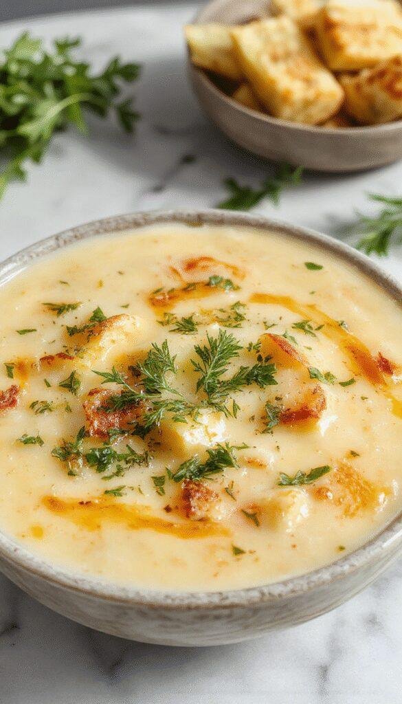 A bowl of creamy potato soup topped with melted cheddar cheese, chopped fresh herbs, and crispy bacon bits. The bowl is placed on a rustic wooden table with a spoon resting beside it, highlighting its warm, inviting appearance. The soup’s surface is smooth with a golden cheese crust and vibrant green herbs for contrast.