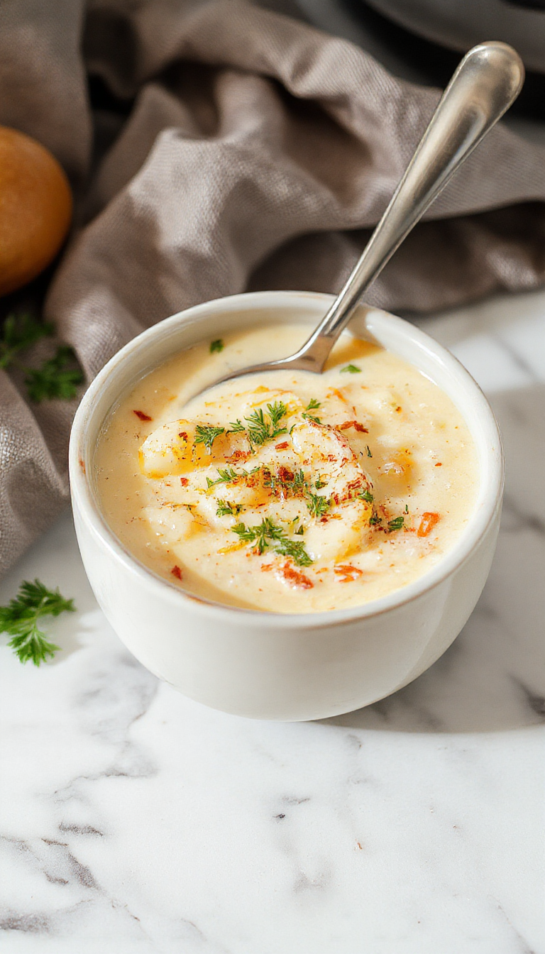 A warm bowl of creamy potato soup topped with melted cheddar cheese, fresh herbs, and a sprinkle of black pepper, placed on a rustic wooden table with a spoon and slices of toasted bread on the side. The soup has a rich, velvety texture with gooey cheese and vibrant green herbs contrasting against the pale creamy base.