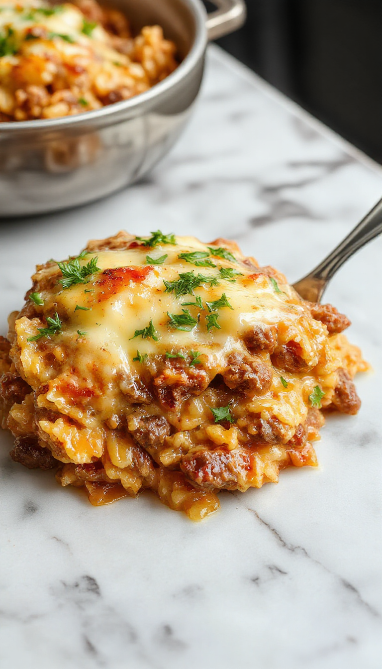 A vibrant plate of cheesy hamburger rice casserole featuring golden-brown melted cheese, chunks of seasoned ground beef, fluffy rice, and diced vegetables, all beautifully layered and garnished with fresh herbs on a rustic wooden table
