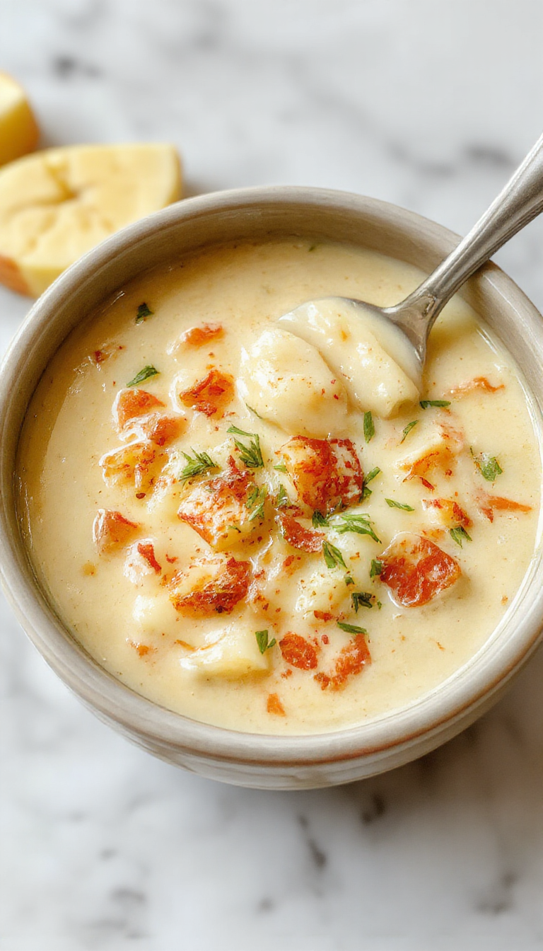 A steaming bowl of creamy potato soup topped with melted cheese, crispy bacon bits, chopped green onions, and a dollop of sour cream, served on a rustic wooden table with a spoon and a side of crusty bread, vibrant yellow and white hues highlighting the rich textures.