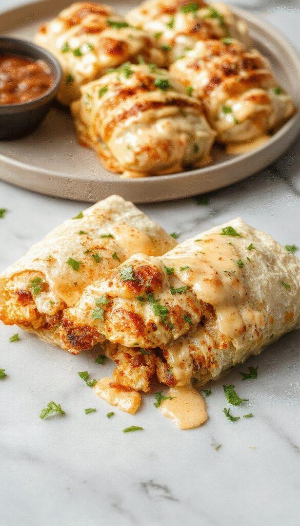 A close-up image of golden-brown chicken wraps filled with melted cheese and minced garlic, neatly rolled and sliced to reveal gooey cheese inside. The wraps are plated on a rustic wooden board with fresh herbs and a drizzle of creamy sauce, styled for an inviting and appetizing presentation.