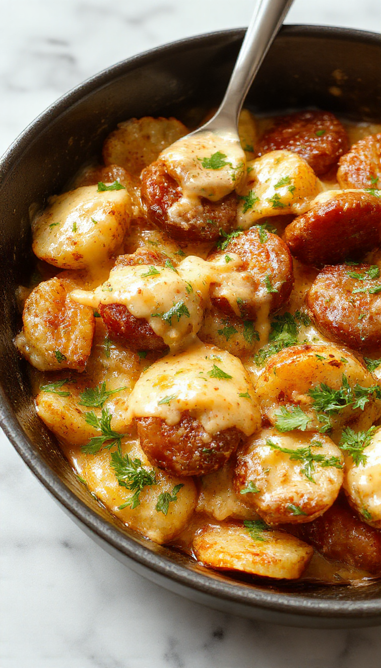 A vibrant skillet dish featuring golden-brown smoked sausage slices topped with melted cheese and creamy ranch potatoes. The dish is garnished with fresh chopped herbs and served on a rustic platter, highlighting the creamy and savory textures with a colorful backdrop.