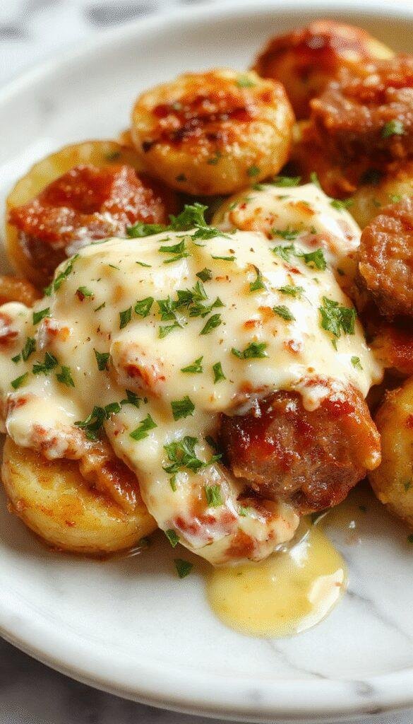 A close-up of a vibrant plated dish featuring golden roasted potatoes topped with melted cheese, fresh green herbs, and slices of smoked sausage, garnished with a drizzle of ranch dressing and served on a rustic white plate with a fork, showcasing textures of crispy potatoes and gooey cheese.