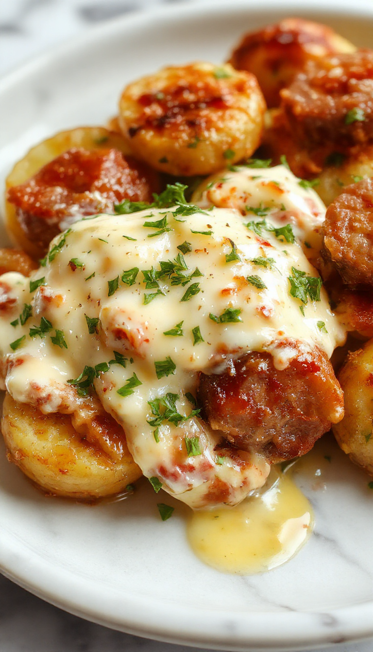 A close-up of a vibrant plated dish featuring golden roasted potatoes topped with melted cheese, fresh green herbs, and slices of smoked sausage, garnished with a drizzle of ranch dressing and served on a rustic white plate with a fork, showcasing textures of crispy potatoes and gooey cheese.