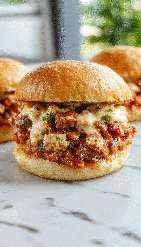 A tantalizing sandwich featuring a toasted bun filled with a creamy chicken Alfredo mixture, topped with a sprinkle of parsley and parmesan, presented on a rustic wooden table.