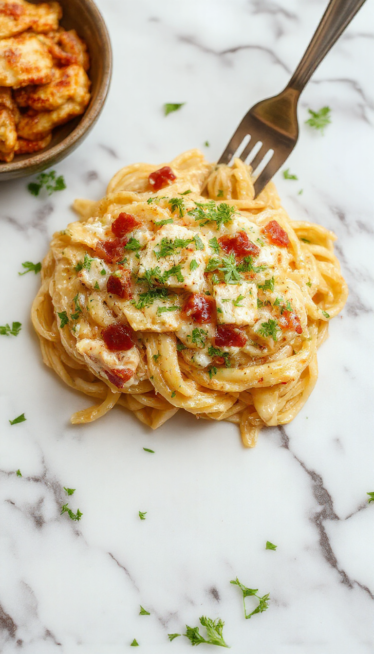 A close-up of a white bowl filled with creamy chicken bacon ranch pasta, topped with crispy bacon bits and fresh herbs, with a drizzle of creamy sauce visible. The pasta is coated in a rich, cheesy sauce, with tender chunks of chicken and slices of crispy bacon adding texture. The dish is garnished with chopped parsley and served on a rustic wooden table, evoking comfort and indulgence.