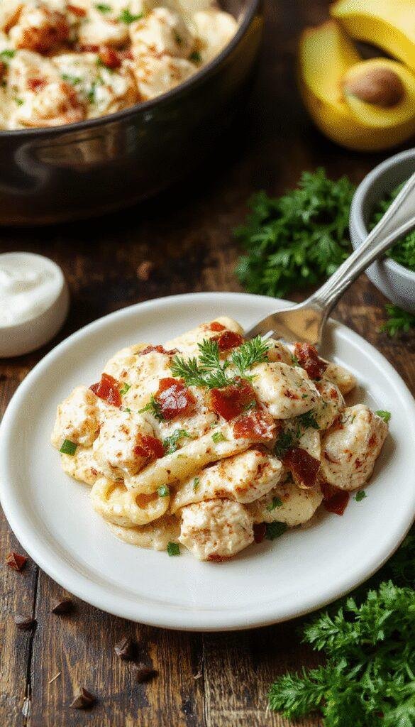 A bowl of creamy chicken bacon ranch pasta garnished with herbs, showcasing tender pasta coated in a rich sauce with crispy bacon and grilled chicken pieces.