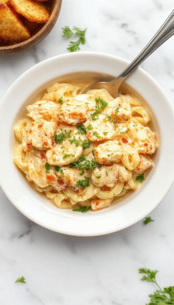 A close-up of creamy buttered noodles topped with tender chicken pieces, served on a white plate with a sprinkle of parsley. The noodles are coated in a rich, glossy butter sauce, showcasing a golden-brown hue, with steam gently rising. The dish sits on a rustic wooden table, styled simply with fresh herbs and a fork nearby, evoking warm, comforting vibes.