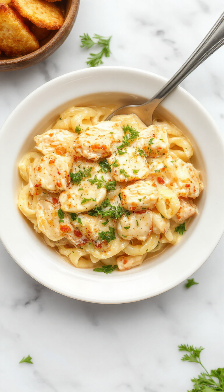 A close-up of creamy buttered noodles topped with tender chicken pieces, served on a white plate with a sprinkle of parsley. The noodles are coated in a rich, glossy butter sauce, showcasing a golden-brown hue, with steam gently rising. The dish sits on a rustic wooden table, styled simply with fresh herbs and a fork nearby, evoking warm, comforting vibes.