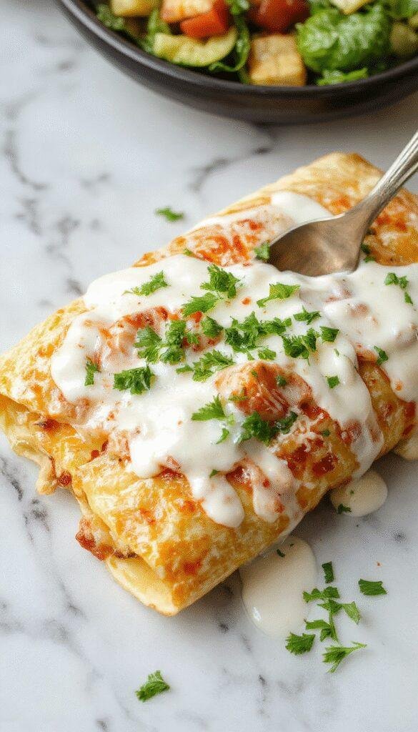 A vibrant plate of chicken enchiladas topped with golden melted cheese and drizzled with white sour cream sauce, garnished with chopped cilantro and sliced jalapenos, set against a rustic wooden background with fresh ingredients around.