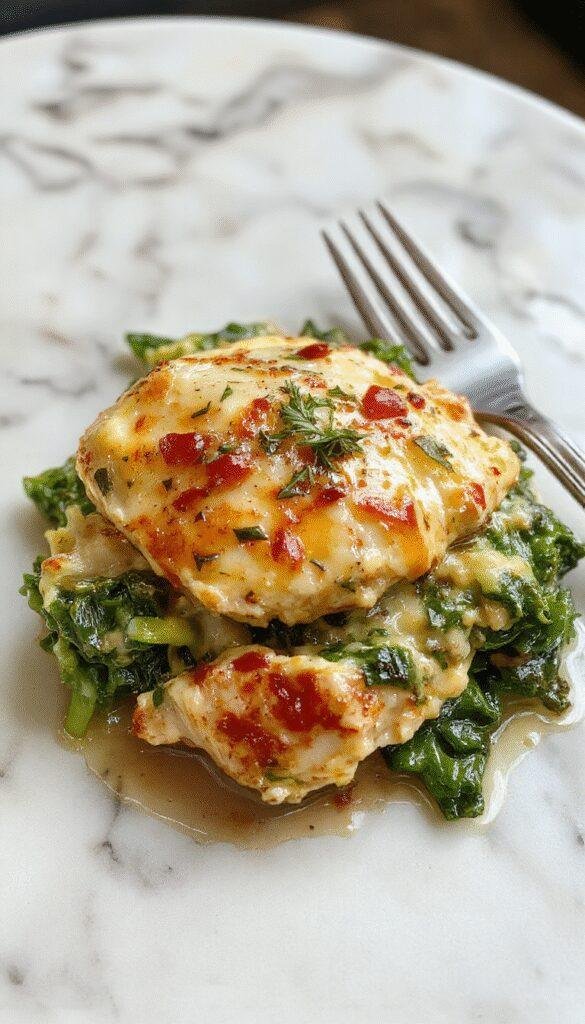 A plated serving of Chicken Florentine with tender chicken breasts topped with wilted spinach and creamy sauce, garnished with herbs, on a rustic white plate.