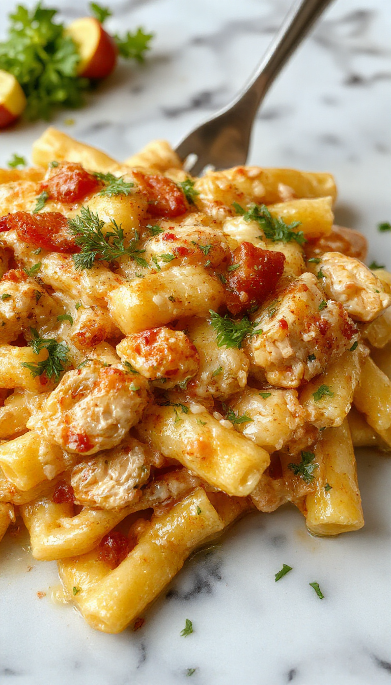 A close-up of a plate of creamy chicken pasta featuring tender shredded chicken mixed with al dente spaghetti coated in a rich, smooth sauce. The dish is garnished with chopped green herbs and served on a rustic white plate, showcasing a vibrant and appetizing combination of golden pasta and succulent chicken, with a glossy, flavorful appearance.