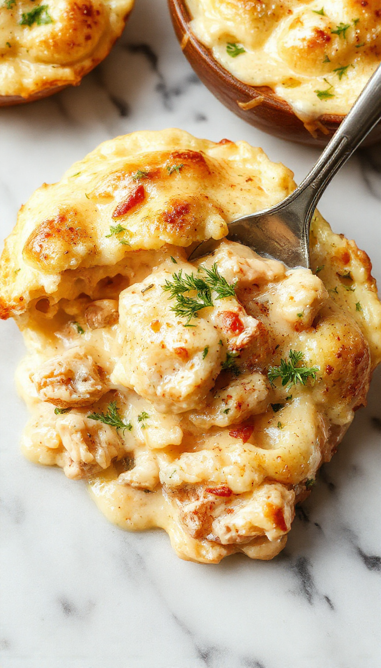 A close-up of a creamy chicken pot pie pasta dish served in a white bowl. The pasta is coated in a rich, creamy sauce with chunks of tender chicken, topped with crispy golden pastry crust crumbs and fresh herbs. The background shows a rustic wooden table with sprigs of thyme, highlighting a warm, inviting meal with vibrant colors and textures.
