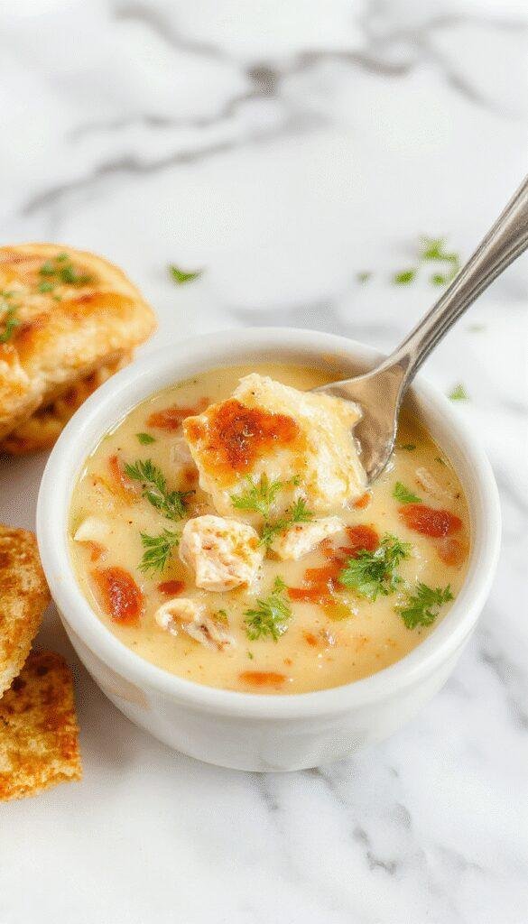 A bowl of creamy chicken pot pie soup garnished with chopped parsley, with visible chunks of chicken, carrots, celery, and a golden, flaky pie crust crumbled on top. The soup has a rich, velvety texture and is presented in a rustic white bowl placed on a wooden table with a spoon beside it.