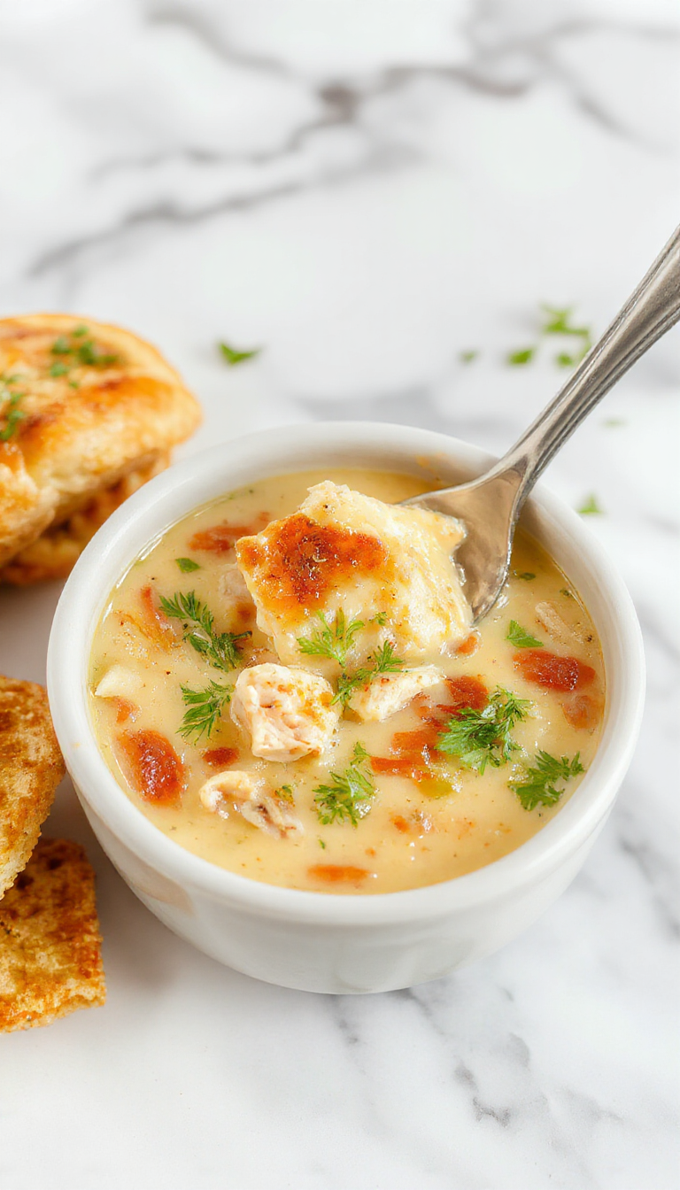 A bowl of creamy chicken pot pie soup garnished with chopped parsley, with visible chunks of chicken, carrots, celery, and a golden, flaky pie crust crumbled on top. The soup has a rich, velvety texture and is presented in a rustic white bowl placed on a wooden table with a spoon beside it.