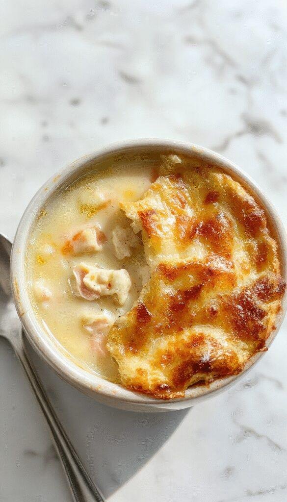 A bowl of creamy chicken pot pie soup topped with flaky golden crust, garnished with fresh herbs, surrounded by chopped vegetables and a rustic wooden table
