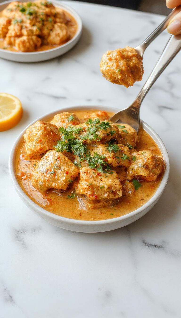 Vibrant chicken tikka masala served on a white plate with a rich, creamy orange-red sauce dotted with herbs. The dish features tender chicken pieces garnished with fresh cilantro, with a background of aromatic spices and a side of basmati rice. The presentation is inviting, highlighting the glossy sauce and flavorful ingredients with a rustic, appetizing style.