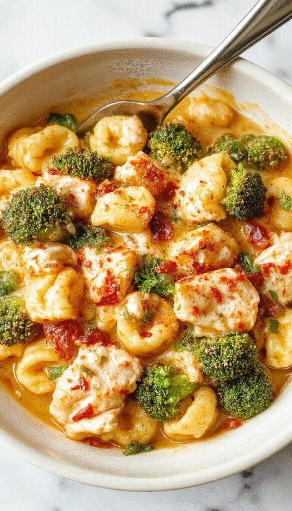 A close-up of a white ceramic plate filled with creamy chicken tortellini topped with bright green broccoli florets. The dish features golden-brown chicken pieces and tender, flaky tortellini nestled in a rich, creamy sauce, garnished with freshly chopped herbs on a rustic wooden table.
