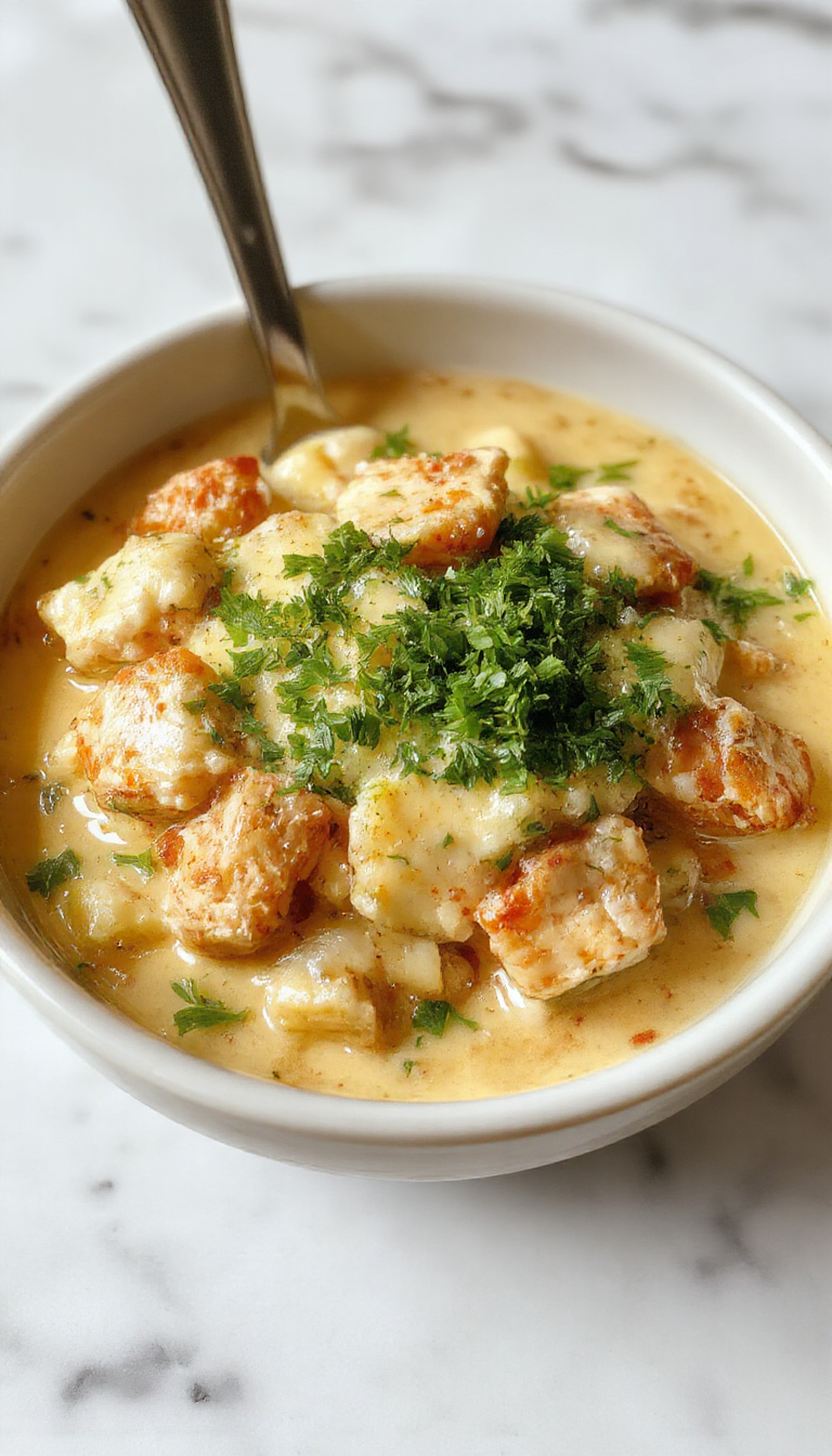 A vibrant plate featuring tender pieces of chicken coated in a rich, creamy sauce served over fluffy white rice, garnished with chopped fresh herbs, with a side of colorful steamed vegetables. The dish is styled on a rustic wooden table, showcasing textures from the smooth sauce and fluffy rice, with bright lighting highlighting the appetizing colors.