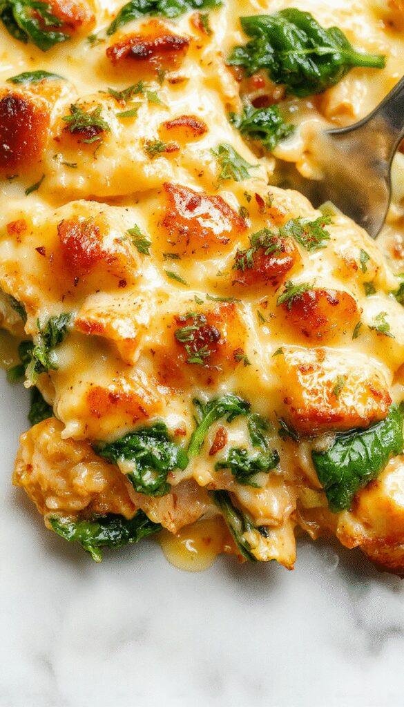 Colorful chicken and spinach casserole presented in a white ceramic dish with a golden crust top, surrounded by fresh spinach leaves and dollops of creamy cheese sauce, styled on a rustic wooden table with sprigs of herbs.