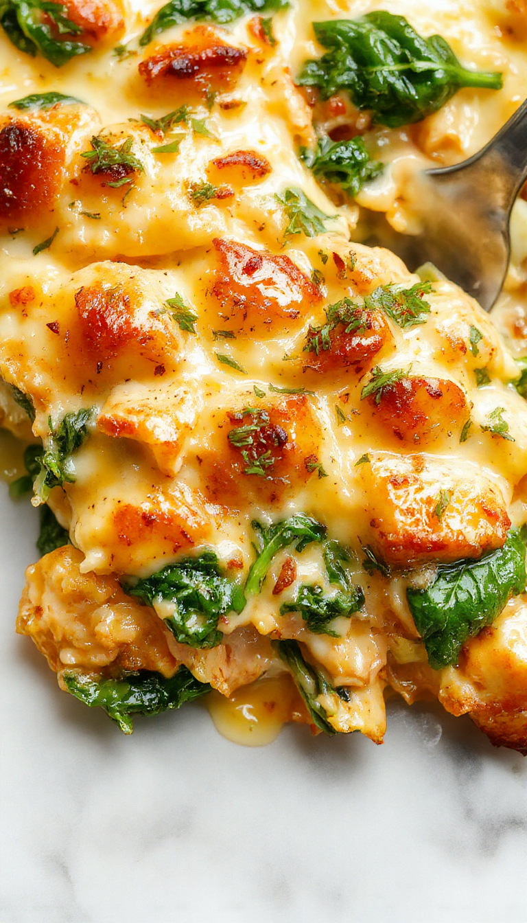 Colorful chicken and spinach casserole presented in a white ceramic dish with a golden crust top, surrounded by fresh spinach leaves and dollops of creamy cheese sauce, styled on a rustic wooden table with sprigs of herbs.