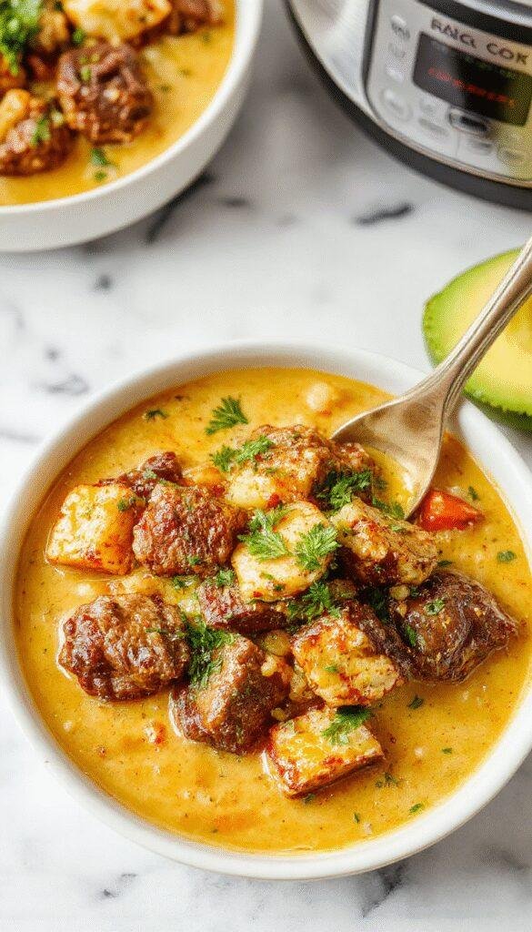 A steaming bowl of beef coconut curry with tender chunks of beef submerged in a rich, creamy coconut sauce. The dish is garnished with fresh herbs and served with side rice on a rustic wooden table, showcasing vibrant spices and tender textures.
