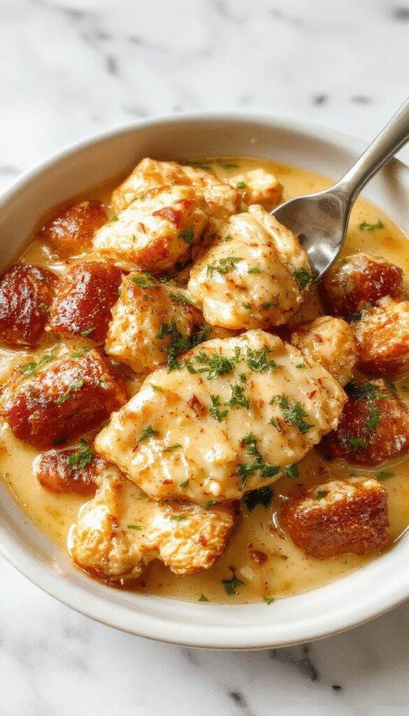 A steaming bowl of butter chicken with a rich, creamy orange sauce garnished with fresh cilantro, served on a white plate alongside rice, with a sprig of cilantro and a drizzle of sauce visible. The dish looks glossy and inviting, with tender chicken pieces coated in the velvety sauce.