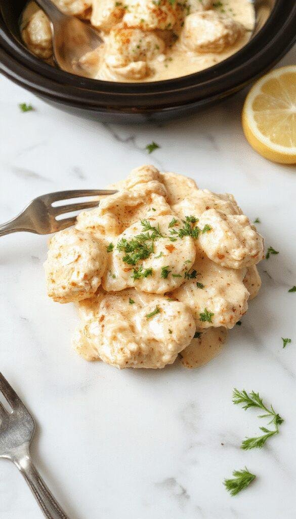 A beautifully plated serving of creamy butter chicken in a white bowl, garnished with fresh cilantro, surrounded by golden-brown rice and steamed vegetables, vibrant red sauce shimmering under soft lighting, styled simply on a rustic wooden table.