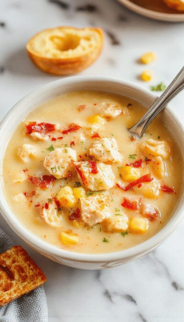 A steaming bowl of creamy chicken corn chowder featuring tender shredded chicken, golden corn kernels, and a rich velvety broth, garnished with fresh herbs and served on a rustic wooden table.