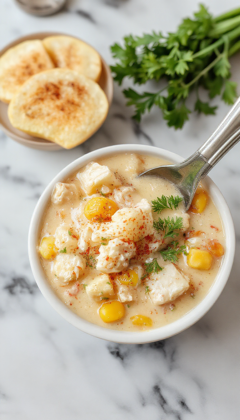 A bowl of creamy chicken corn chowder garnished with fresh herbs, surrounded by chunks of tender chicken, sweet corn kernels, and vibrant vegetables, all in a rustic setting with a spoon resting on the side.