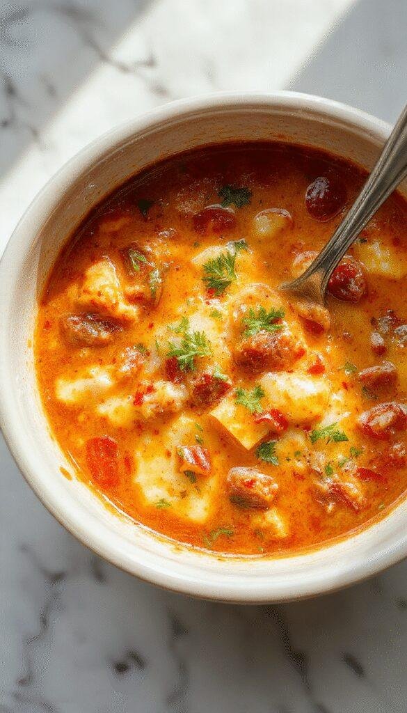 A bowl of steaming lasagna soup topped with melted cheese, fresh basil, and visible layers of tomato, pasta, and ground meat, garnished with herbs on a rustic wooden table