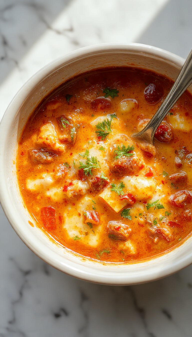 A bowl of steaming lasagna soup topped with melted cheese, fresh basil, and visible layers of tomato, pasta, and ground meat, garnished with herbs on a rustic wooden table