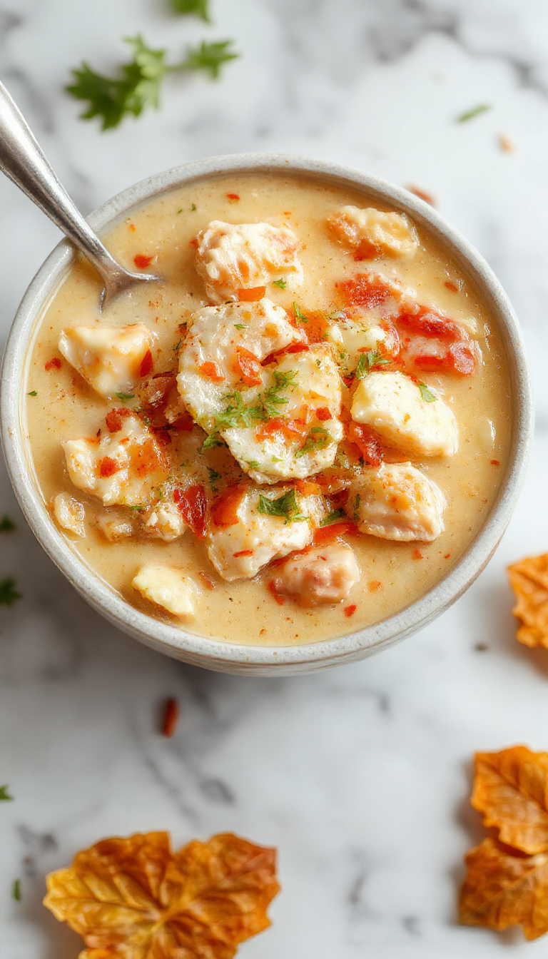Colorful bowl of creamy white chicken chili garnished with fresh cilantro and shredded cheese, served with a side of crusty bread, showcasing tender shredded chicken, white beans, and a rich, smooth broth topped with dollops of cream cheese, styled in a rustic farmhouse setting.