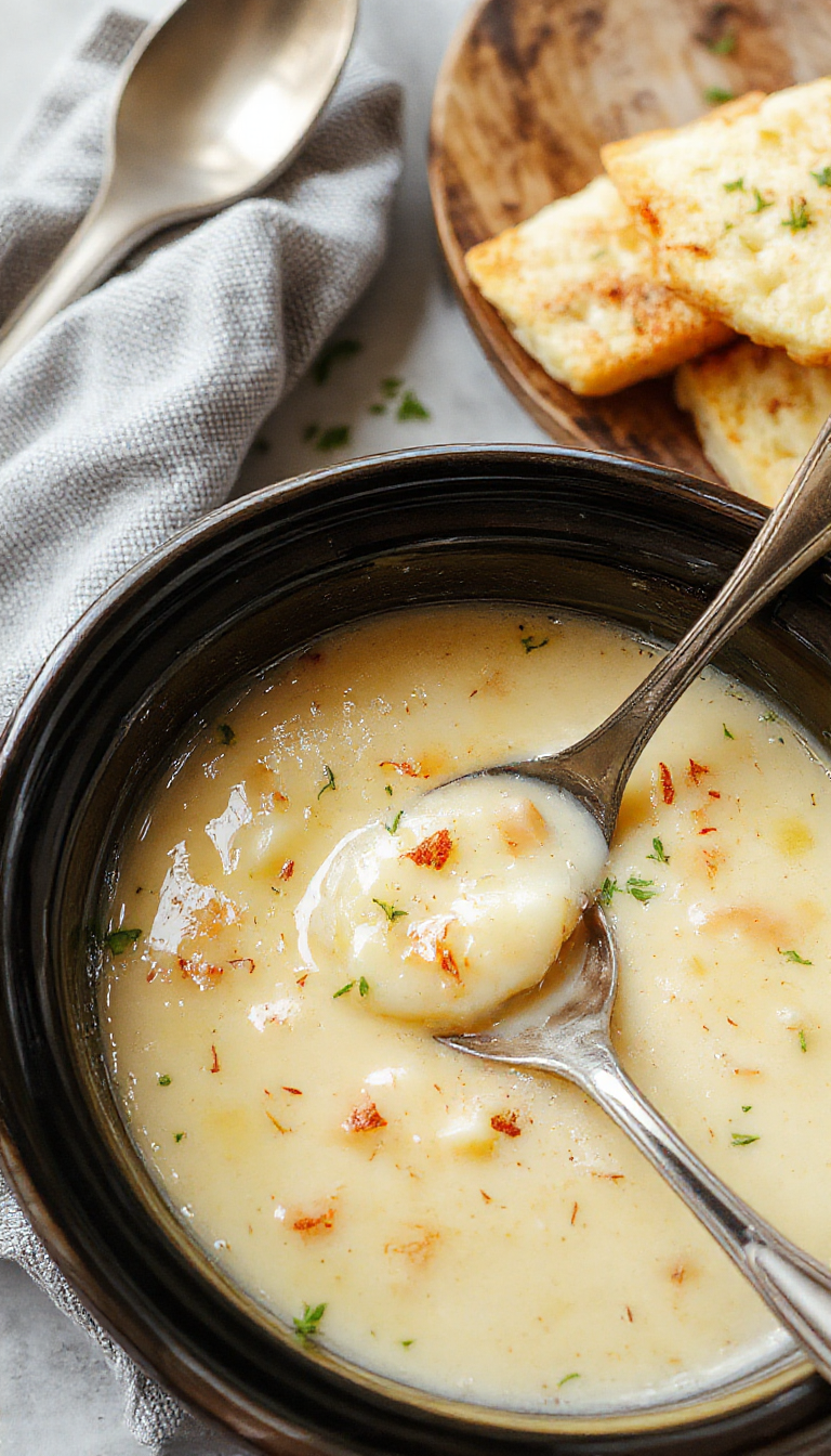 A steaming bowl of Creamy Dream Potato & Cheese Soup garnished with herbs and served with crusty bread on a rustic table.