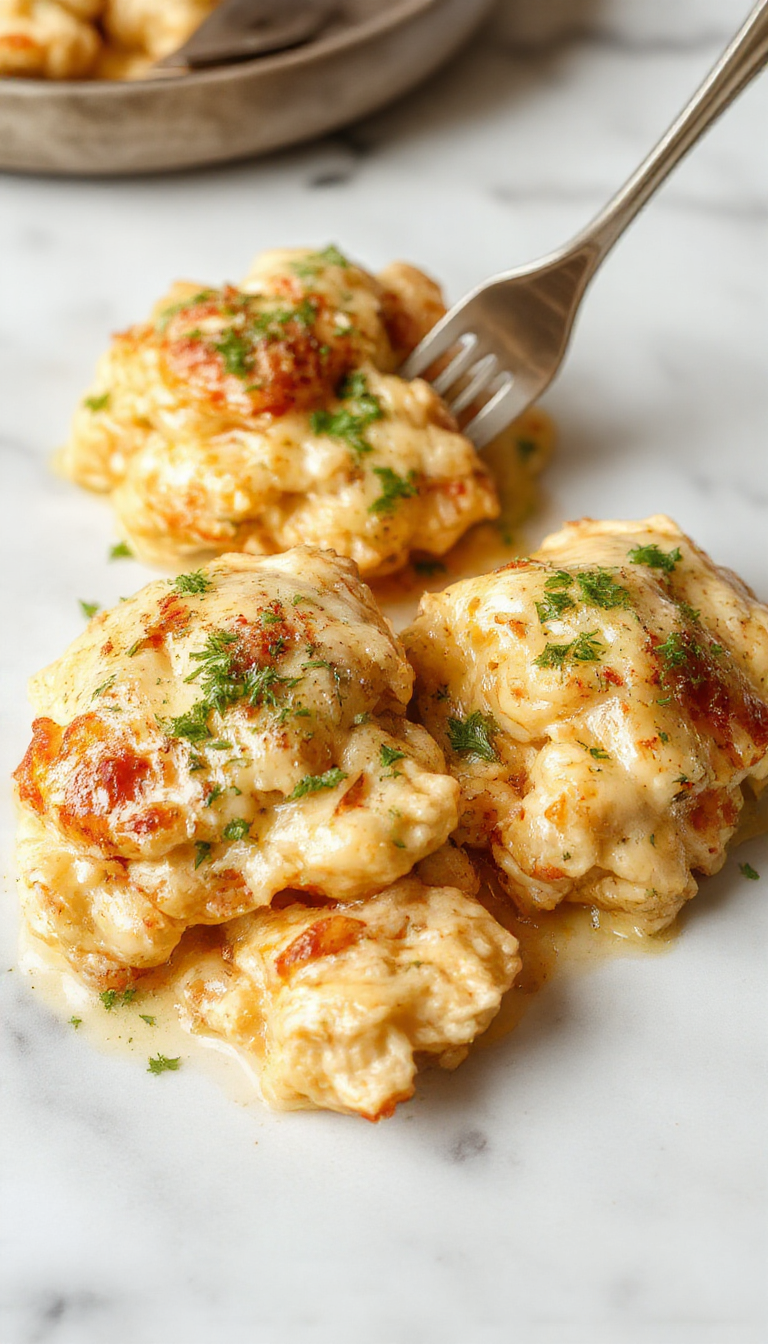 A close-up of golden-brown chicken bites coated in garlic butter sauce arranged on a white plate, topped with chopped parsley. The plate is garnished with a generous serving of creamy pasta with a glossy sauce, sprinkled with freshly grated Parmesan cheese. The background shows a rustic wooden table with fresh garlic cloves and herbs adding a fresh, vibrant touch.