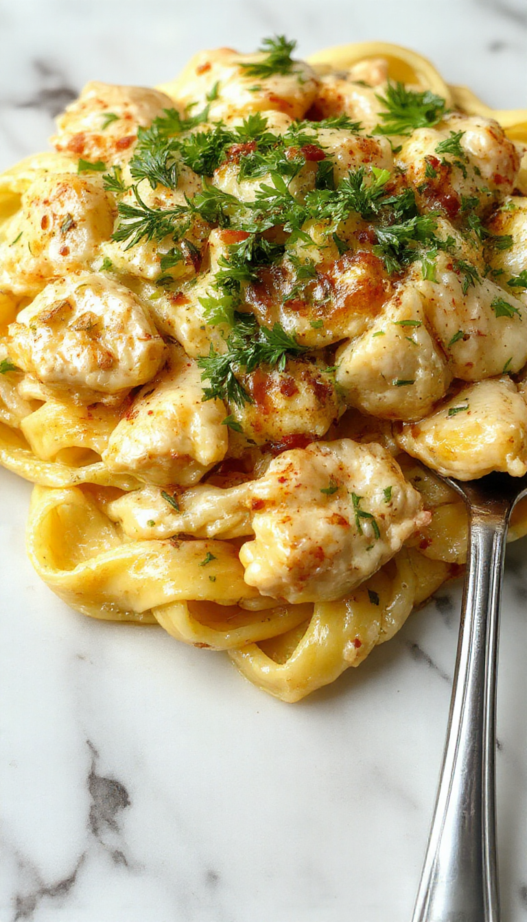 A close-up of a plate of creamy garlic butter chicken pasta featuring tender chicken pieces, al dente pasta coated in a rich, glossy sauce, garnished with fresh parsley and a lemon wedge, presented on a rustic wooden table with a fork placed beside the dish.