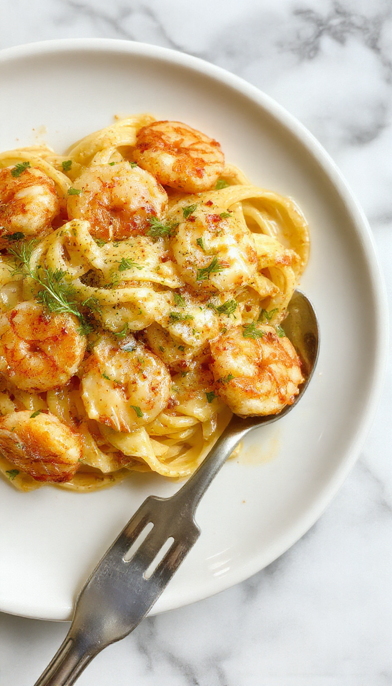 A close-up image of a rustic white bowl filled with creamy garlic butter shrimp pasta, garnished with fresh parsley. Juicy shrimp coated in a rich, buttery sauce sit atop perfectly cooked al dente spaghetti, with a sprinkle of herbs adding vibrant green accents. The dish is styled on a natural wooden surface with a drizzle of extra garlic butter around the plate, showcasing its tempting textures and inviting colors.