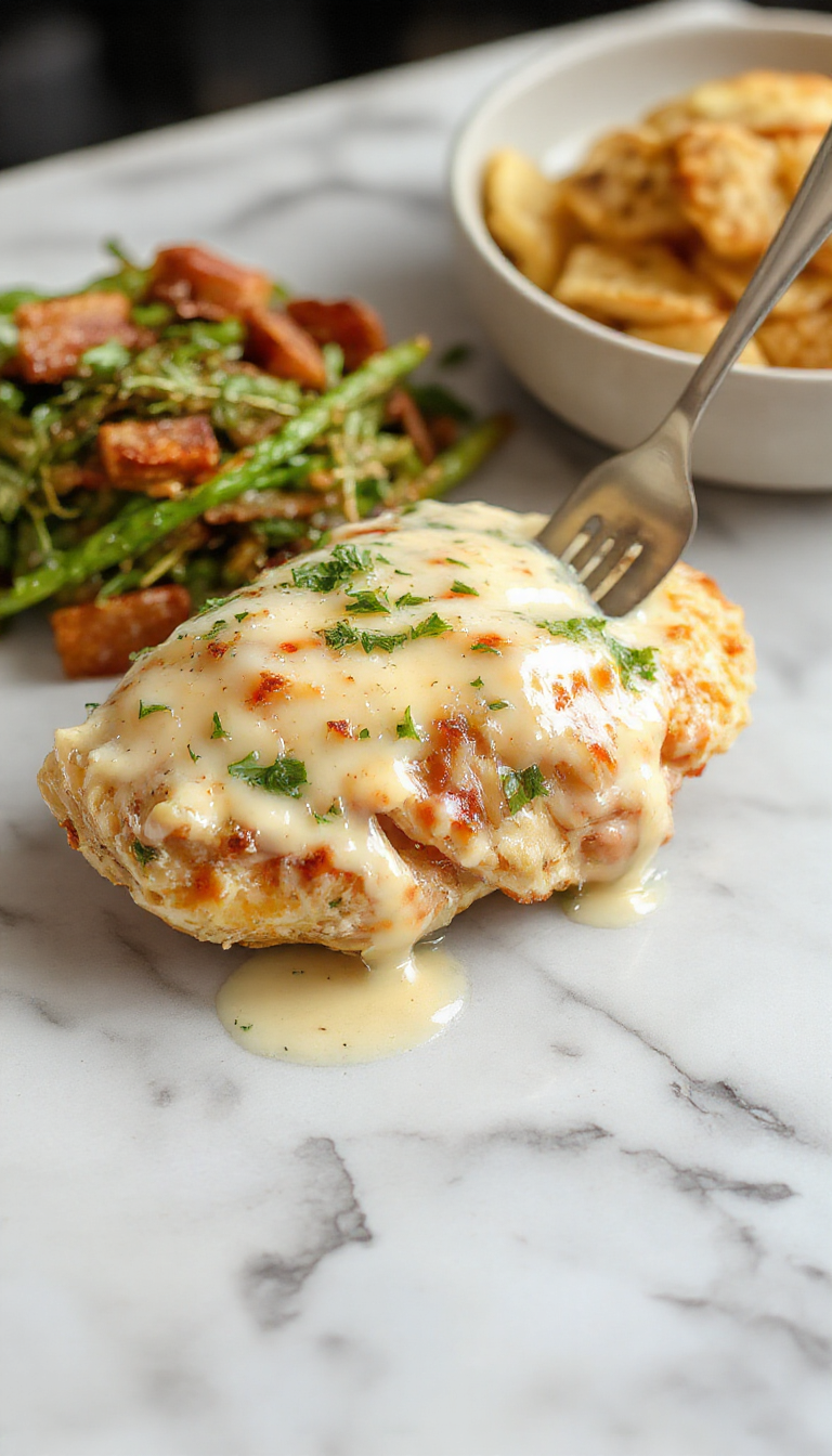 A close-up of a golden-brown chicken breast topped with a rich, creamy garlic parmesan sauce, garnished with chopped parsley, served on a white plate with a rustic wooden background, showcasing a glossy, velvety sauce contrasting with tender, juicy chicken pieces