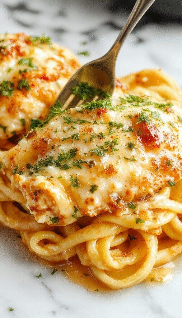A close-up of a white plate filled with creamy chicken pasta topped with freshly grated parmesan and chopped parsley, with a fork resting on the side. The pasta is coated in a rich, creamy sauce with pieces of tender chicken and garlic visible in the sauce, garnished with a sprinkle of herbs and a vibrant green parsley contrast.