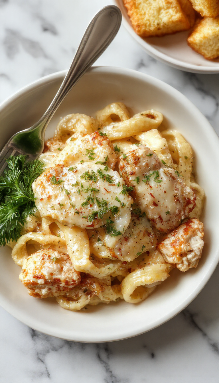 A vibrant plate of creamy garlic parmesan chicken pasta featuring tender pieces of grilled chicken, perfectly coated in a rich, cheesy sauce with finely chopped parsley and cracked black pepper on top. The dish is served on a white ceramic plate with a rustic wooden table and fresh garlic cloves, parmesan cheese shavings, and sprigs of parsley arranged artfully around it, highlighting the textures and vibrant colors of the ingredients.