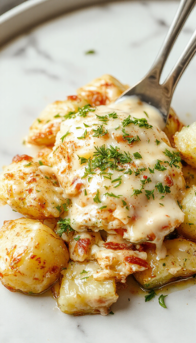 A colorful, inviting image of tender shredded chicken and crispy roasted potatoes garnished with fresh parsley, coated in a creamy garlic Parmesan sauce, served in a rustic white bowl with a sprinkle of herbs, set against a warm wooden background with slices of garlic and Parmesan cheese nearby.