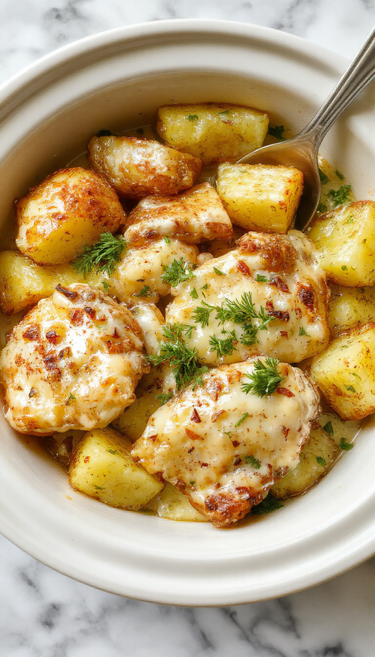 A colorful dish of tender shredded chicken and golden roasted potatoes garnished with fresh parsley and grated Parmesan cheese, served in a white bowl with a rustic wooden background, surrounded by garlic cloves and sprigs of herbs, showcasing rich creamy sauce and crispy edges.