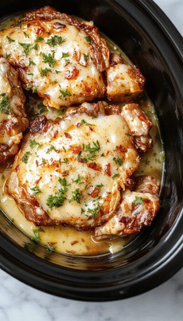 Golden-brown pork chops topped with a rich, creamy garlic parmesan sauce, garnished with chopped parsley, served on a white plate with a rustic wooden background.