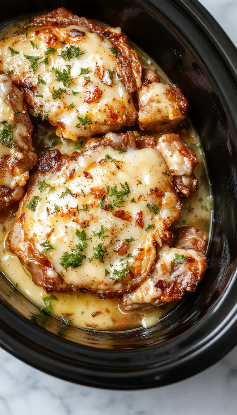 Golden-brown pork chops topped with a rich, creamy garlic parmesan sauce, garnished with chopped parsley, served on a white plate with a rustic wooden background.