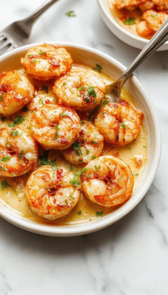 A vibrant plate of creamy garlic shrimp arranged elegantly on a white dish, garnished with fresh parsley and lemon wedges, with a rustic wooden table background, showcasing the tender shrimp coated in a rich, creamy sauce with visible garlic bits and a hint of herbs.