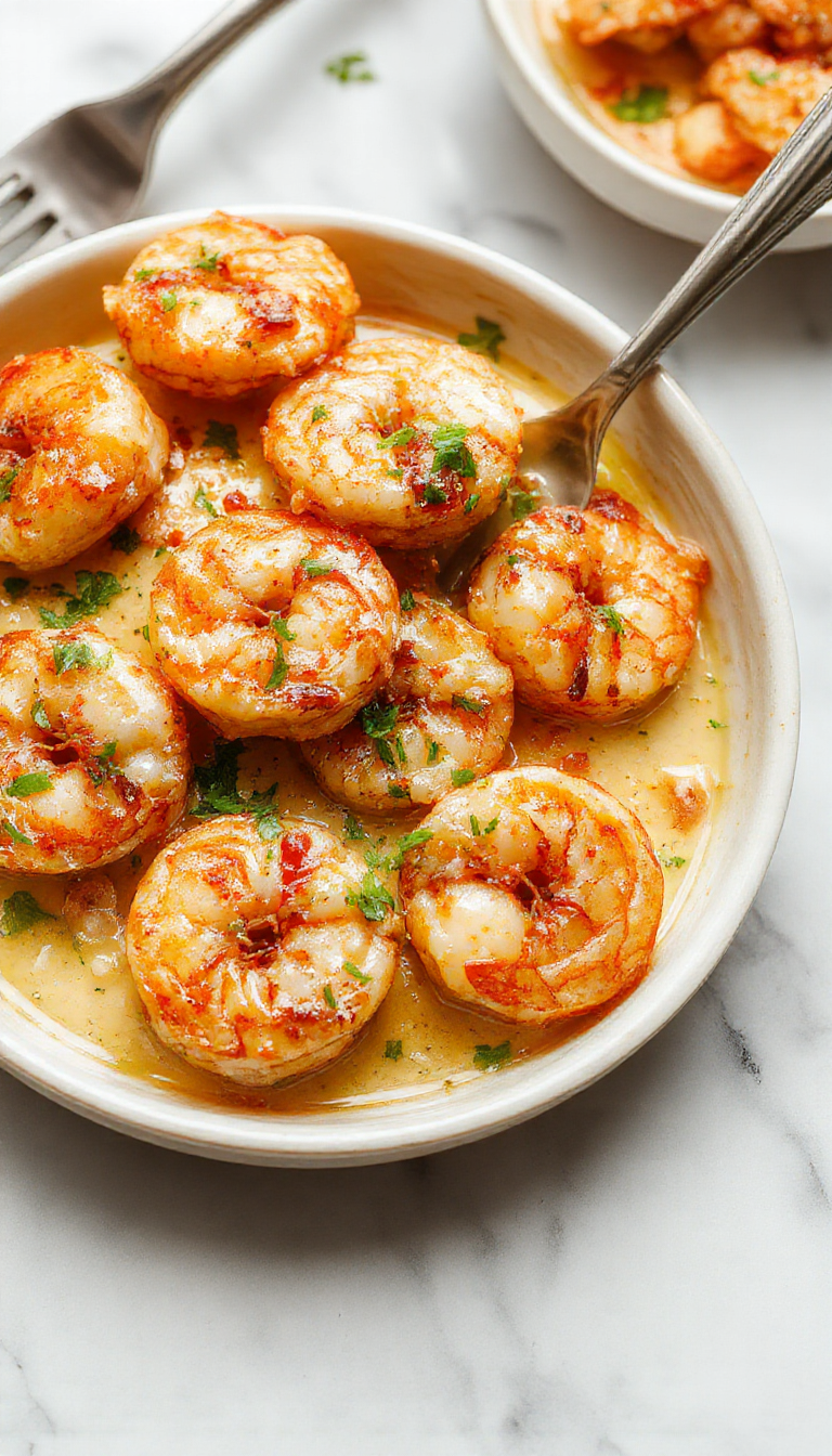 A vibrant plate of creamy garlic shrimp arranged elegantly on a white dish, garnished with fresh parsley and lemon wedges, with a rustic wooden table background, showcasing the tender shrimp coated in a rich, creamy sauce with visible garlic bits and a hint of herbs.