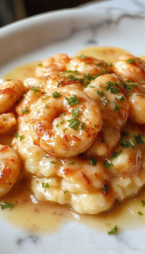 A close-up of creamy garlic shrimp served atop smooth, buttery mashed potatoes, garnished with fresh parsley and lemon wedges on a rustic white plate, showcasing vibrant pink shrimp and rich sauce textures contrasting with the fluffy potatoes.