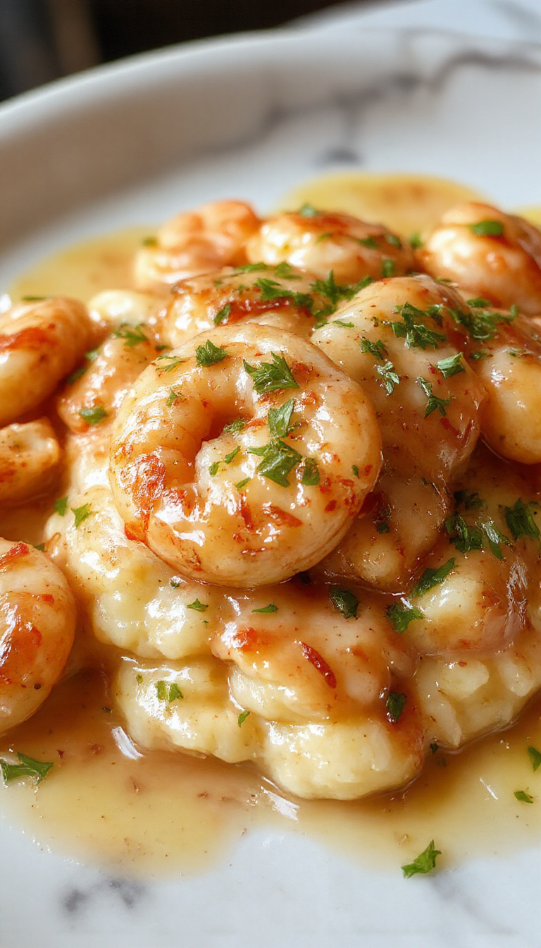 A close-up of creamy garlic shrimp served atop smooth, buttery mashed potatoes, garnished with fresh parsley and lemon wedges on a rustic white plate, showcasing vibrant pink shrimp and rich sauce textures contrasting with the fluffy potatoes.