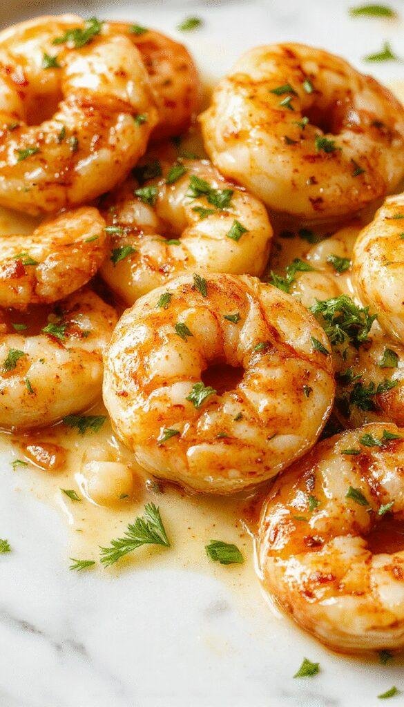 A vibrant plate of creamy garlic shrimp garnished with chopped parsley, showcasing golden-brown shrimp coated in a luscious white sauce on a modern white dish, with a background of fresh garlic cloves and herbs, styled with a rustic wooden table and fresh lemon slices.